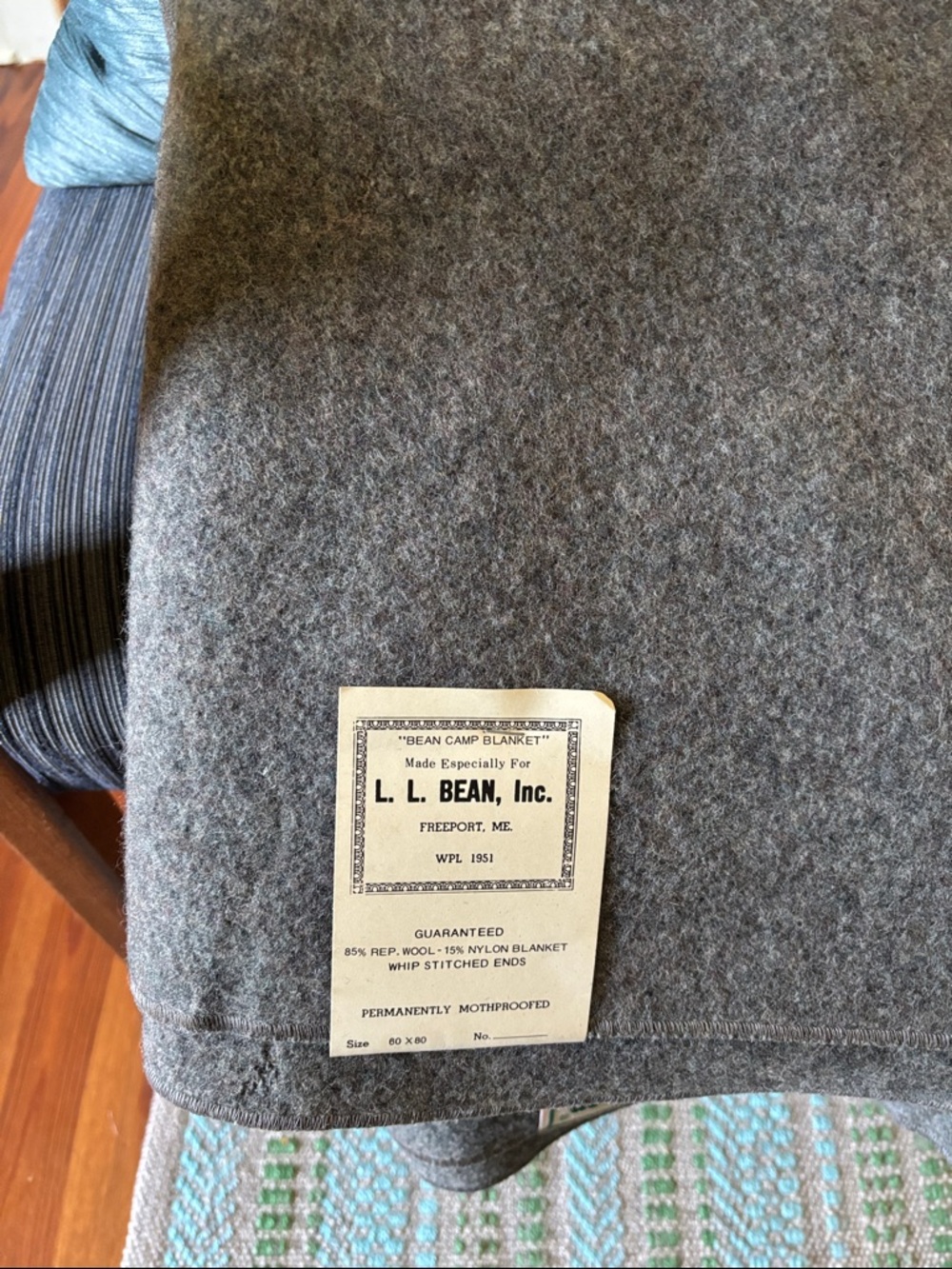 Vintage 70’s Deadstock  NWT L.L. Bean Gray Wool Blanket with Label 60” x 80”